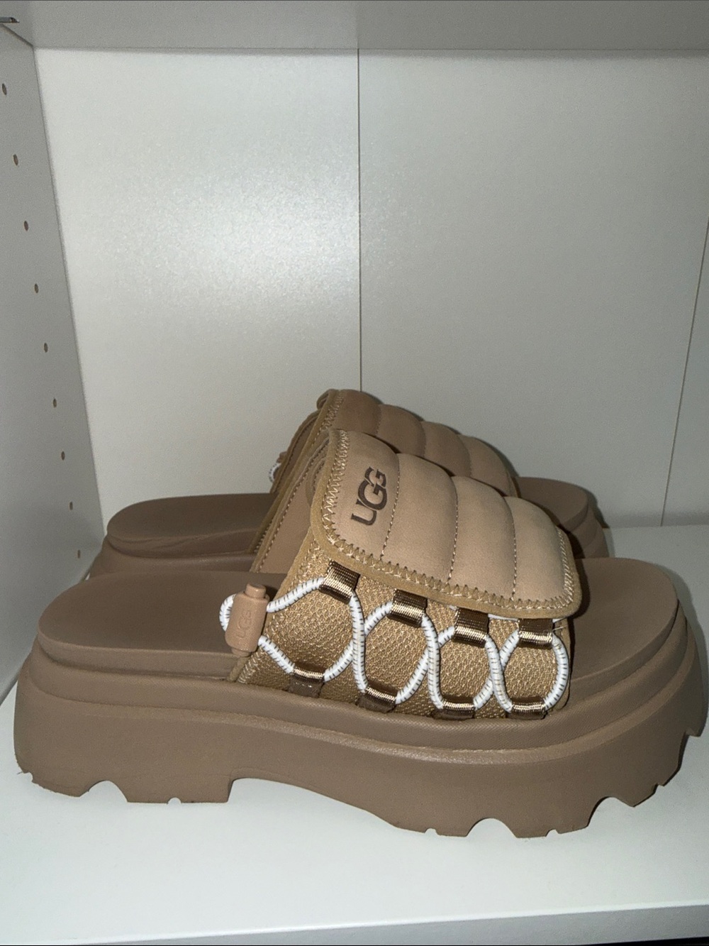 UGG Tan & White Quilted Platform Slides